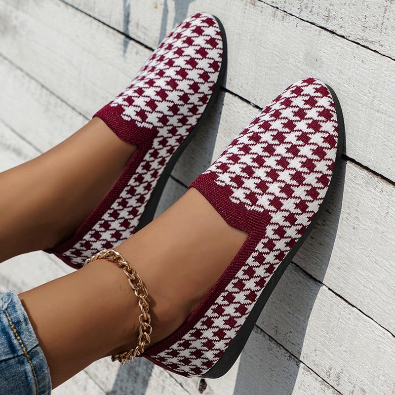 2024 Round Toe Flat Shoes Female Shallow Mouth Sports Footwear Womens Plus Size Walking Knitting Sandals Plaid Print Loafers