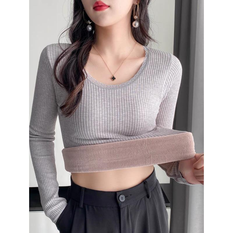 Lamb Wool Warm Top Women's Winter New Style Plus Fleece Thickened Inside with Autumn Clothing Elastic Slim-fit Undershirt Underwear Tide