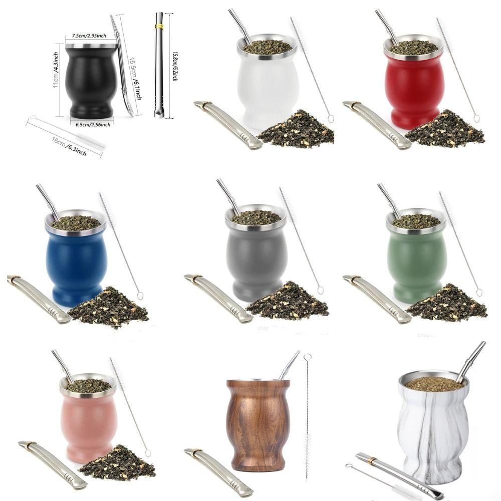 Double Wall Tea Cup Set Stainless Steel Straw Cup Practical Insulated Cup Tea Drinking