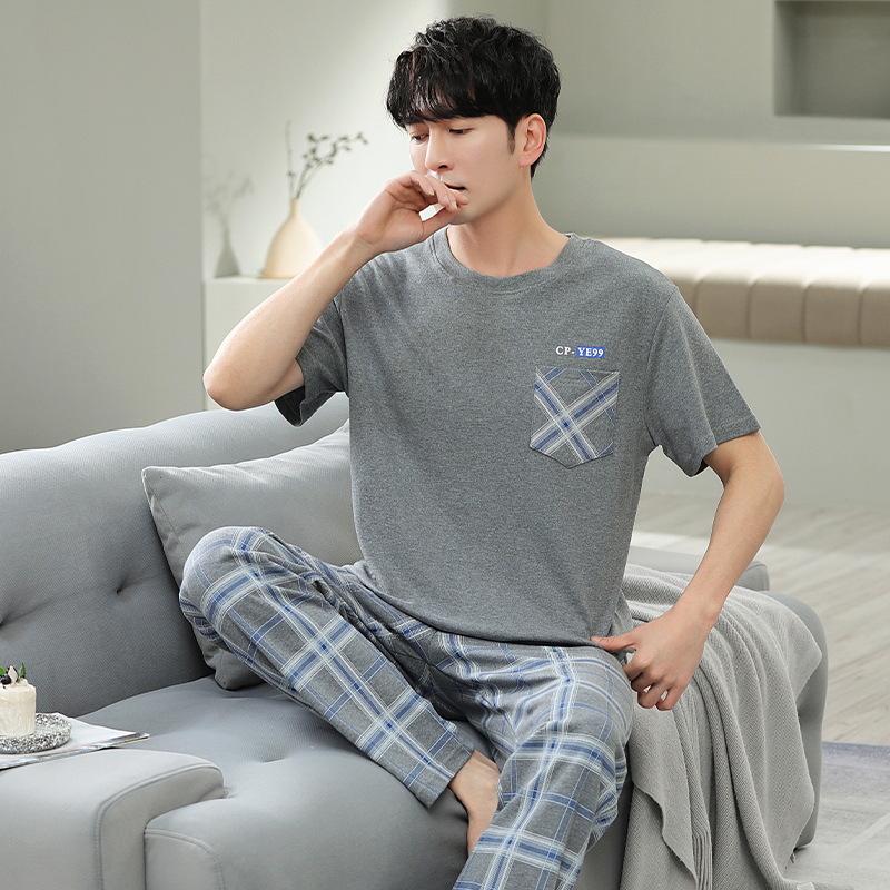Men's Summer 2023 Cotton Pajama Set - Short-Sleeve Top & Trousers, Loose Fit, Large Sizes