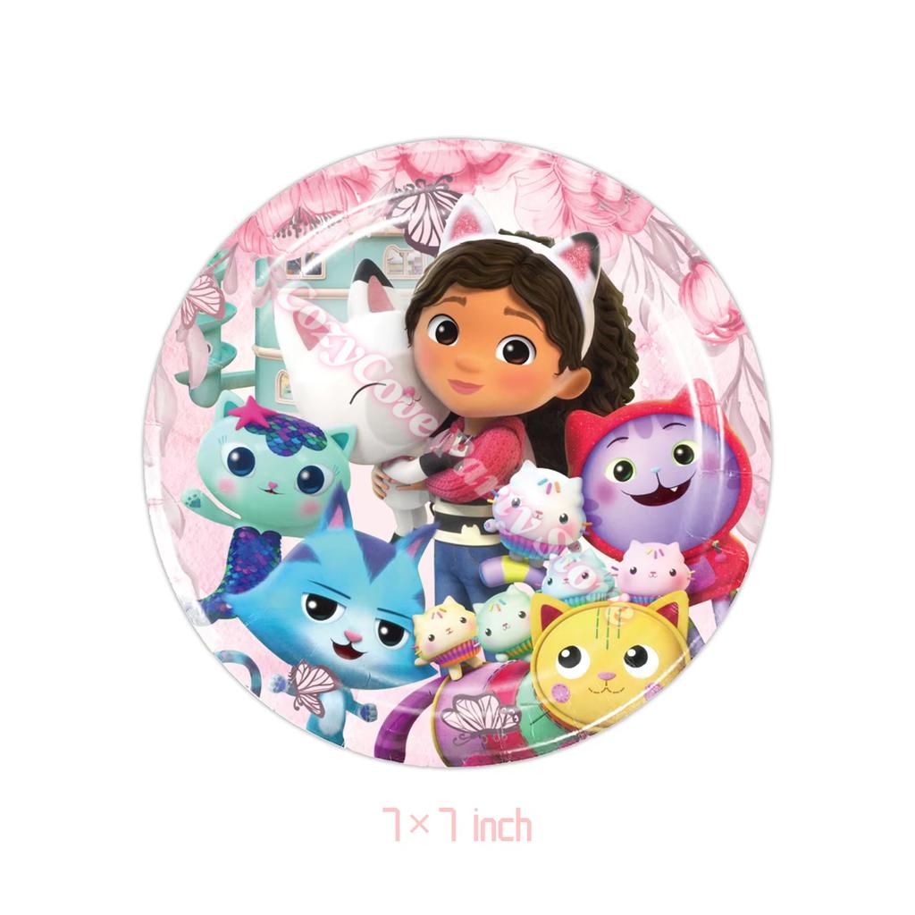 Gabby Dollhouse Birthday Party Decoration Gabby Tableware Bracelets Stikers Cake Topper Balloons For Kids Party Gift Photo Booth