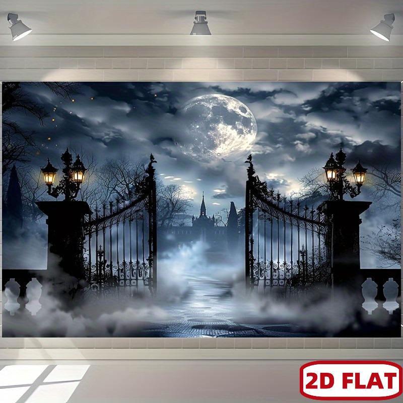 2D flat design, Gothic castle full moon night photography background, suitable for event and party supplieszyc