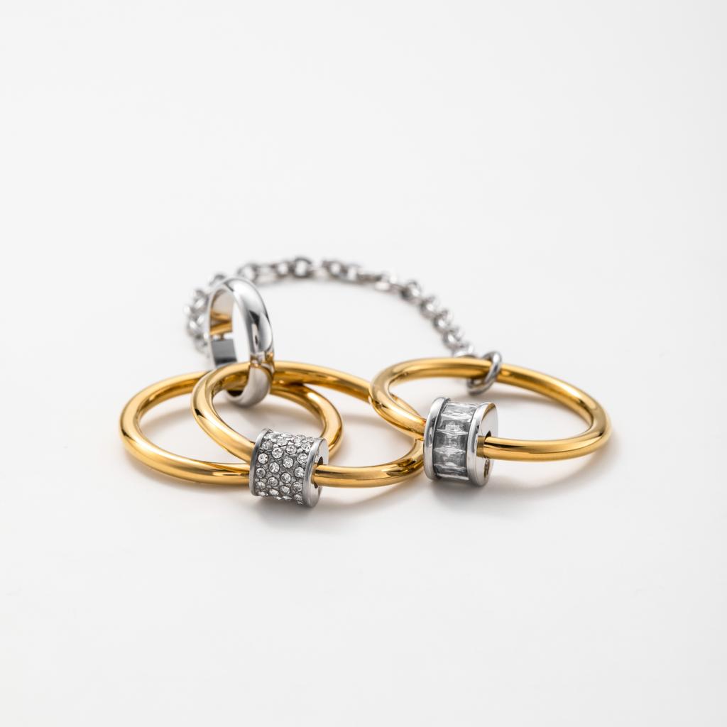 YF7018 Hypoallergenic Jewelry Three Layers Stackable Zircon Ring 18K PVD Gold Plated Stainless Steel Link Chain Tassel Rings