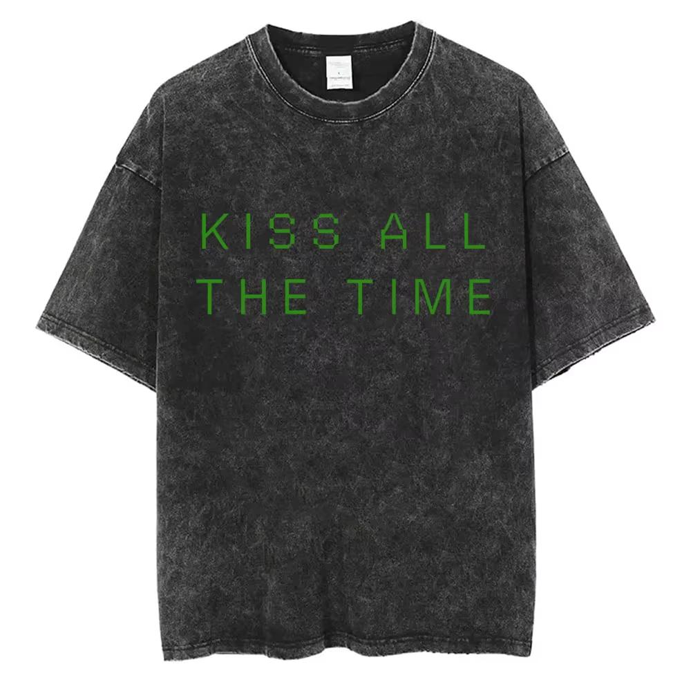 Kiss All The Time Disco Occasionally Washed Vintage T-shirts Fans Gift Men Women Fashion Pop Music Streetwear Male Oversized Tee