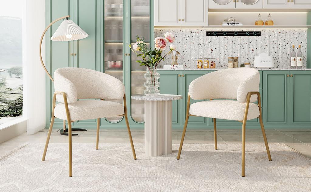 White Dining Chair Modern Lamb Velvet Spray Gold Dining Chair in Gold-Finish (2 pcs), Dining Chair with Golden Legs