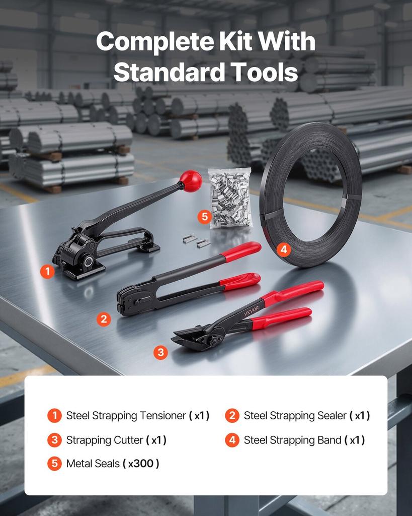 Steel Banding Strapping Kit, Heavy Duty Banding Sealer Tool with 183 m Binding Straps, 300 Metal Seals, Manual Pallet Packaging Strapping Kit for