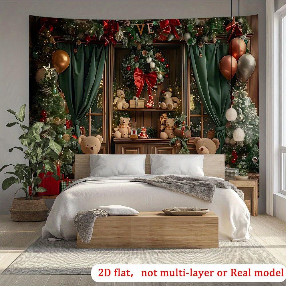2D flat, 1pc festive Christmas teddy bear background banner, polyester wall decoration with golden tones, indoor/outdoor party