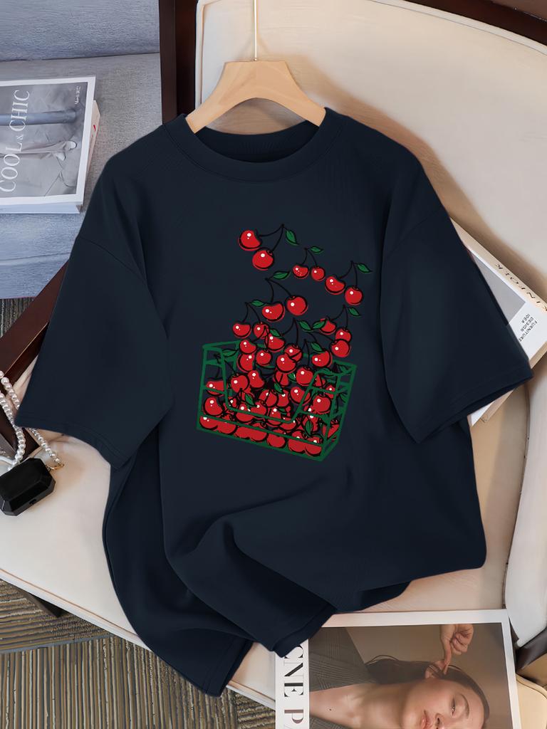 Женская футболка с принтом «Корзина вишен», дышащая, повседневная, летняя, с коротким рукавом, мягкая, свободная, уличная одежда