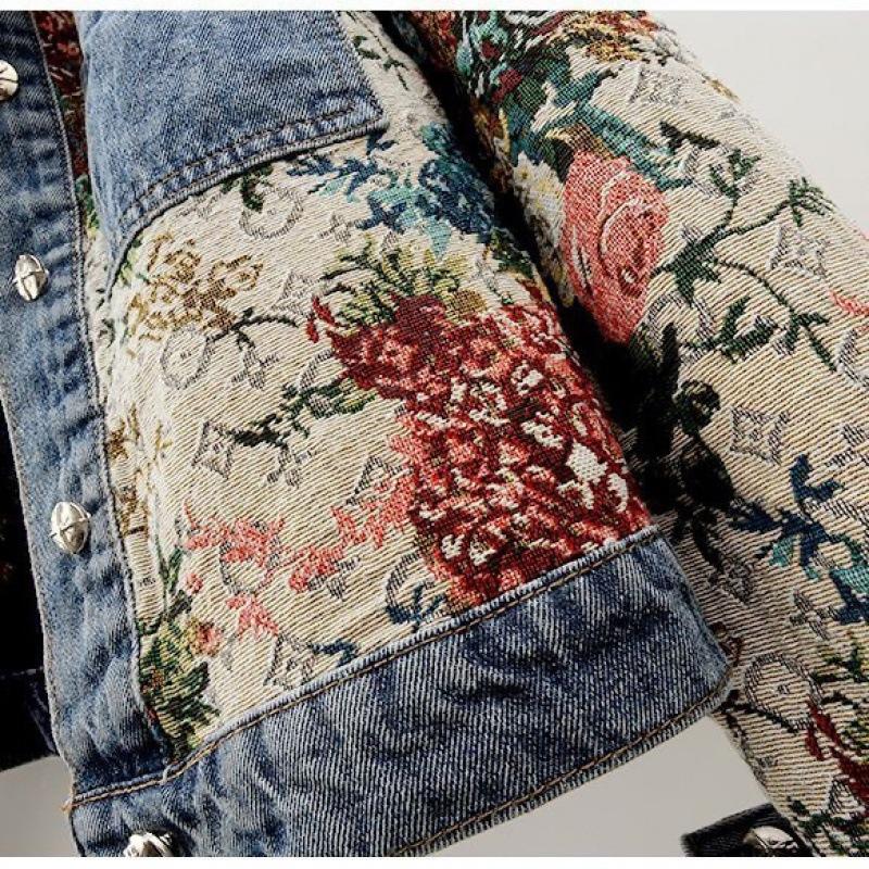 2024 New Versatile Printing Splicing Long-sleeved Lapel Denim Jacket Women's Trendy Brand Short Small Top Jacket