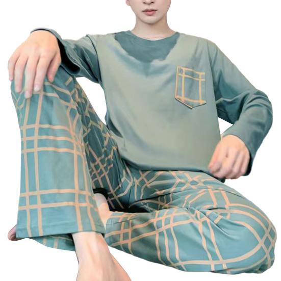 2 шт./компл., мужской пижамный комплект, весенне-осенний комплект с круглым вырезом и длинным рукавом, клетчатый топ с буквенным принтом, длинные брюки с эластичной резинкой на талии, комплект мужской пижамы, домашняя одежда