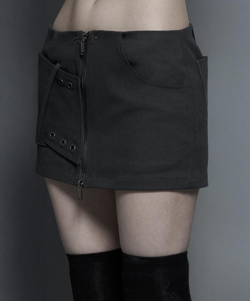 Etosome Front Zip Belt Detail Mini Skirt (Dark Gray)