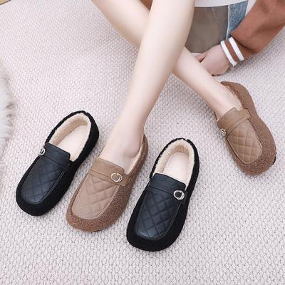 Женские зимние теплые тапочки на плоской подошве с круглым носком для улицы и дома, мокасины с меховой подкладкой, легкие плюшевые туфли для ходьбы для женщин