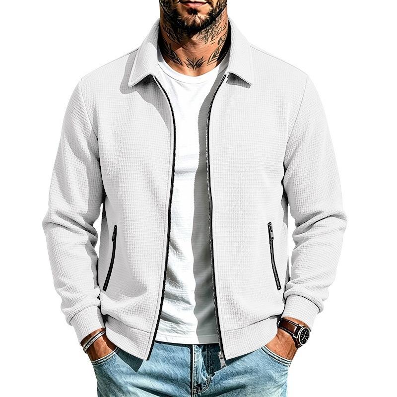 Men S Loose Fit Lapel Zip Pocket Waffle Knit Jacket