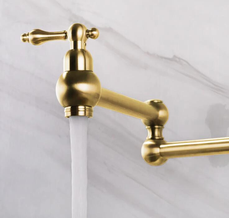 Commercial Modern Brushed Gold Brass Single Handle Double Joint Spout Folding Wall-Mounted Pot Filler Kitchen Faucet