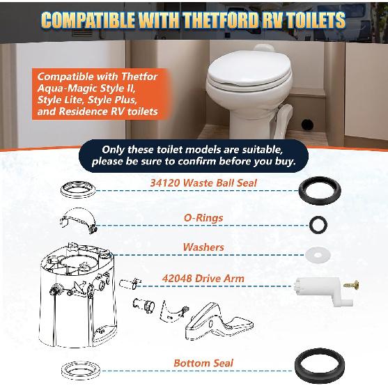 RV Toilet Seal Kit - 42048 Waste Ball Drive Arm & Closet Flange Seal 33239