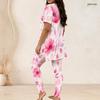 Women Plus Size Two Piece Outfit Round Neck Short Sleeve Yellow Floral Print Long Top And Leggings