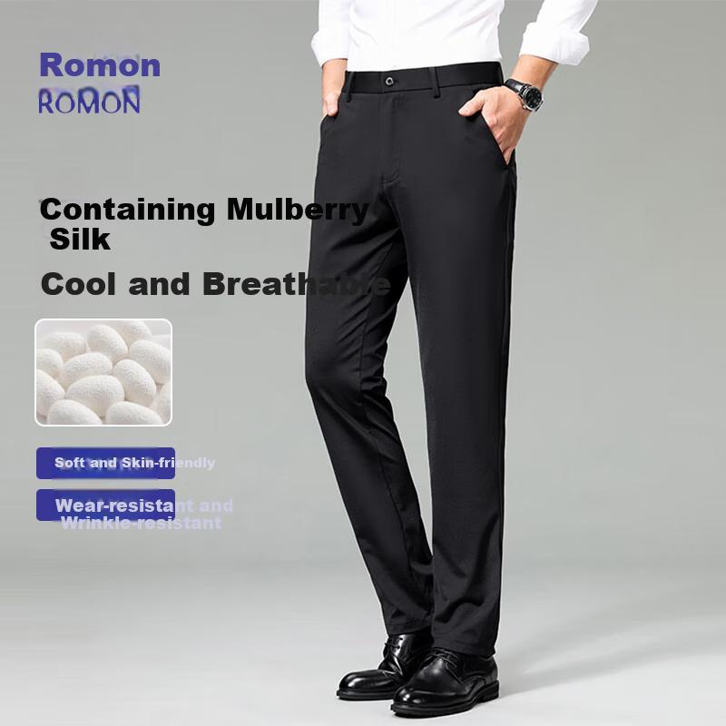 ROMON [Containing Mulberry Silk] Men's Casual Pants, Spring Cool-Feeling, Commute Business Casual Trousers, Black, Size 30