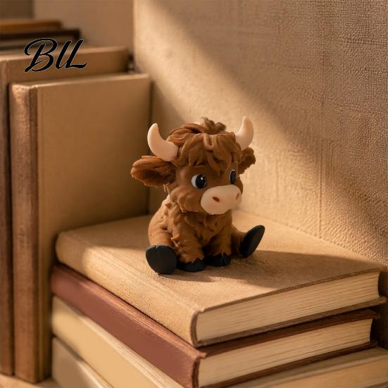 Unique Birthday Presents 3D Printed Highland Cow Figurines, Cartoon Sitting Sculpture, Cute Animal Novelty Gifts for Children Ornament Desk