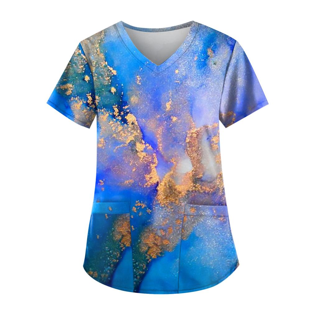 Рабочая форма больших размеров с принтом, топы для женщин, футболки с v-образным вырезом и короткими рукавами, рабочая одежда, футболка с карманами