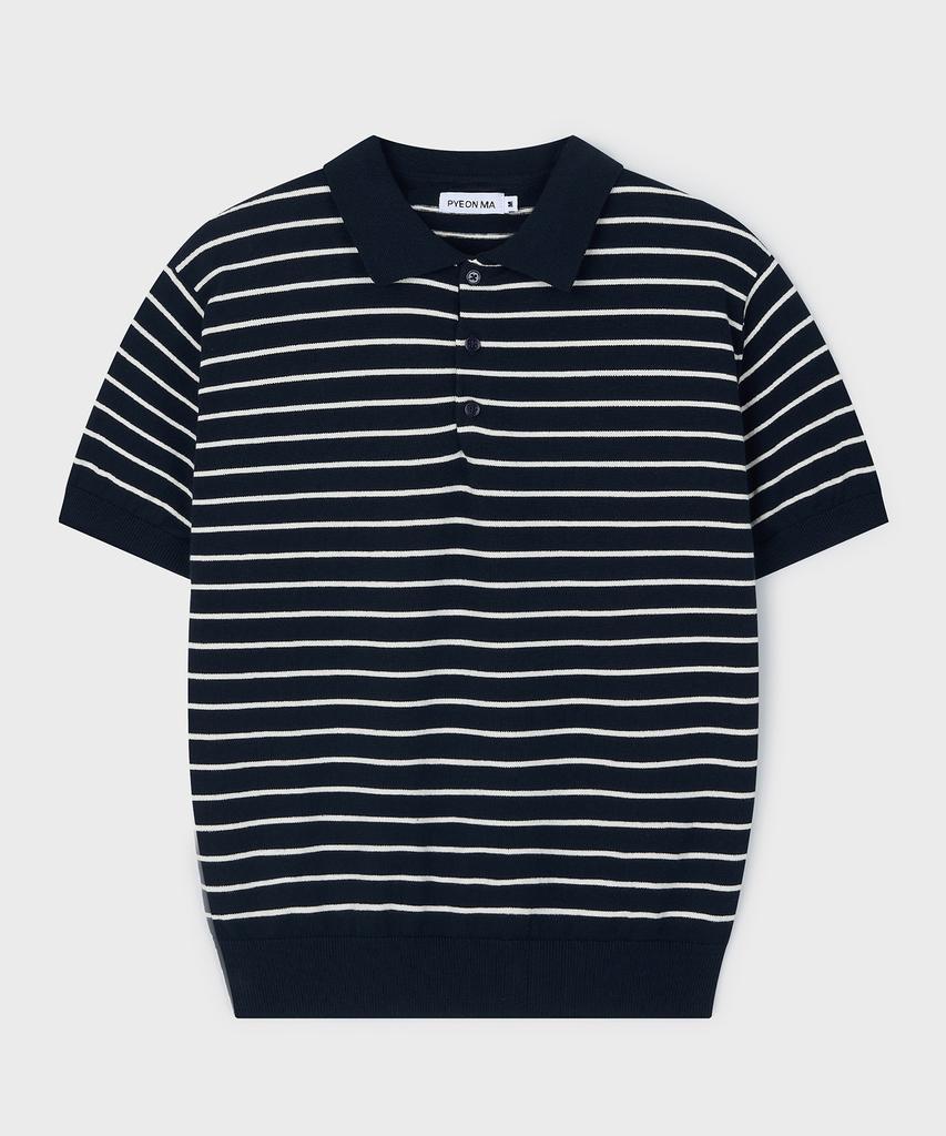 PYEON MA Stripe Short Sleeve Polo Knit - Navy