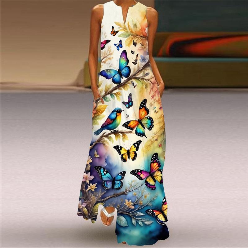 2026 New Summer Women's Sleeveless V-Neck Printed Sexy Dress Long Dress European and American Women's Clothing