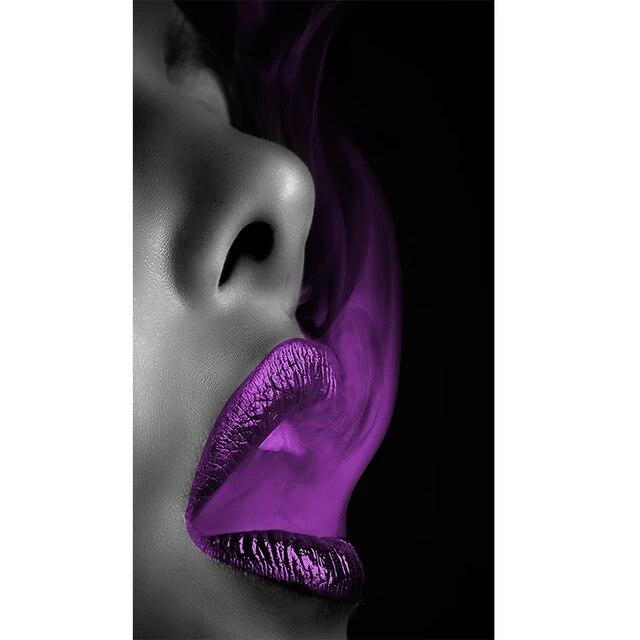 Современное искусство Интерьерная живопись Женщина Сексуальные красные губы Коса Красный дым Холст Картина Плакат и принт для декора стен гостиной Без рамки