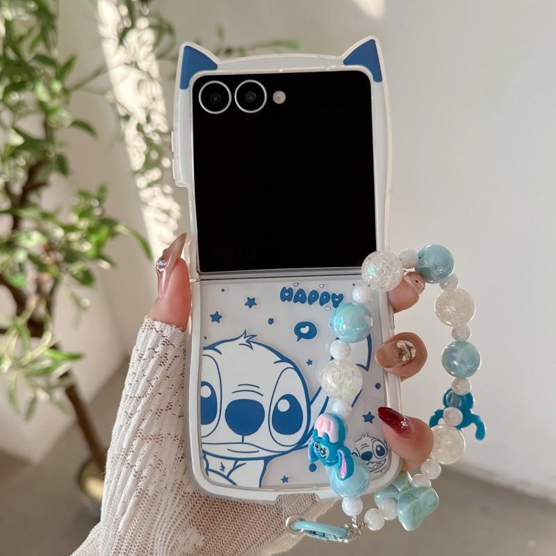 Милый 3D Чехол-Кот с Ушками и Стичем для Мультяшного Телефона Samsung Galaxy Z Flip 3 4 5 6 7 7FE Кавайный Защитный Чехол с Бусинным Шнурком
