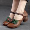 Johnature Женские сандалии в стиле ретро из натуральной кожи, универсальные сандалии ручной работы на среднем каблуке с цветочным узором и круглым носком, женская обувь