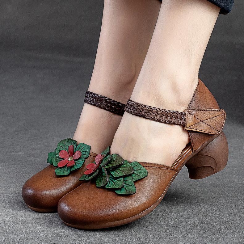Johnature Женские сандалии в стиле ретро из натуральной кожи, универсальные сандалии ручной работы на среднем каблуке с цветочным узором и круглым носком, женская обувь