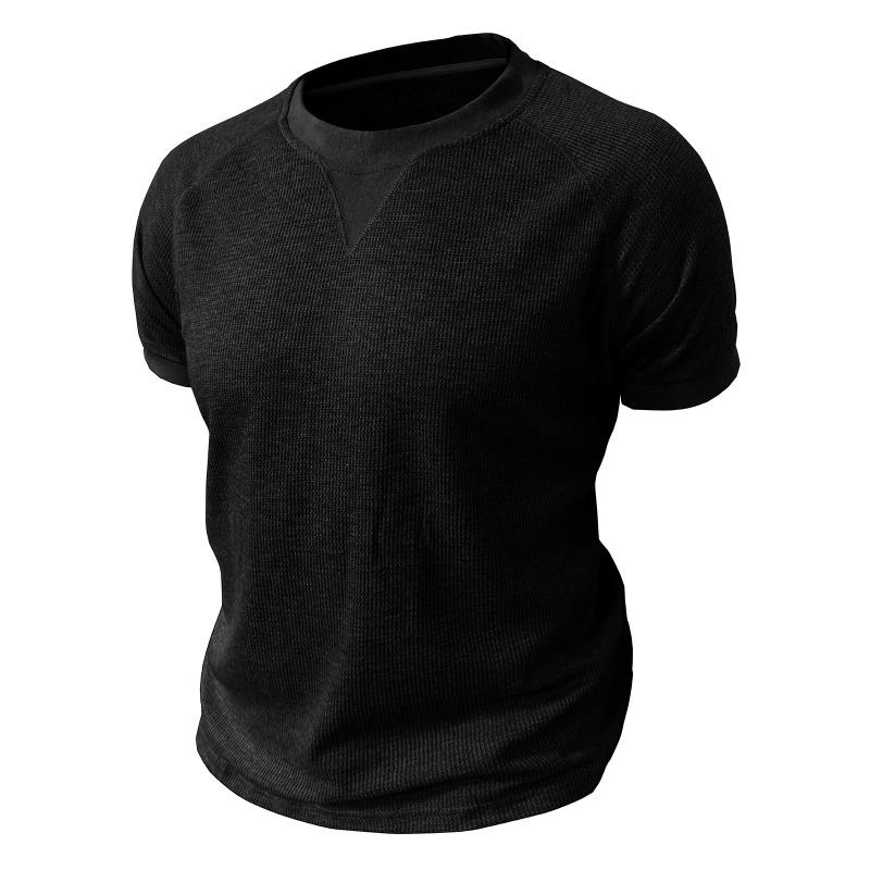 Men White Waffle Knit Crew Neck Short Sleeve T-Shirt Casual Solid Top