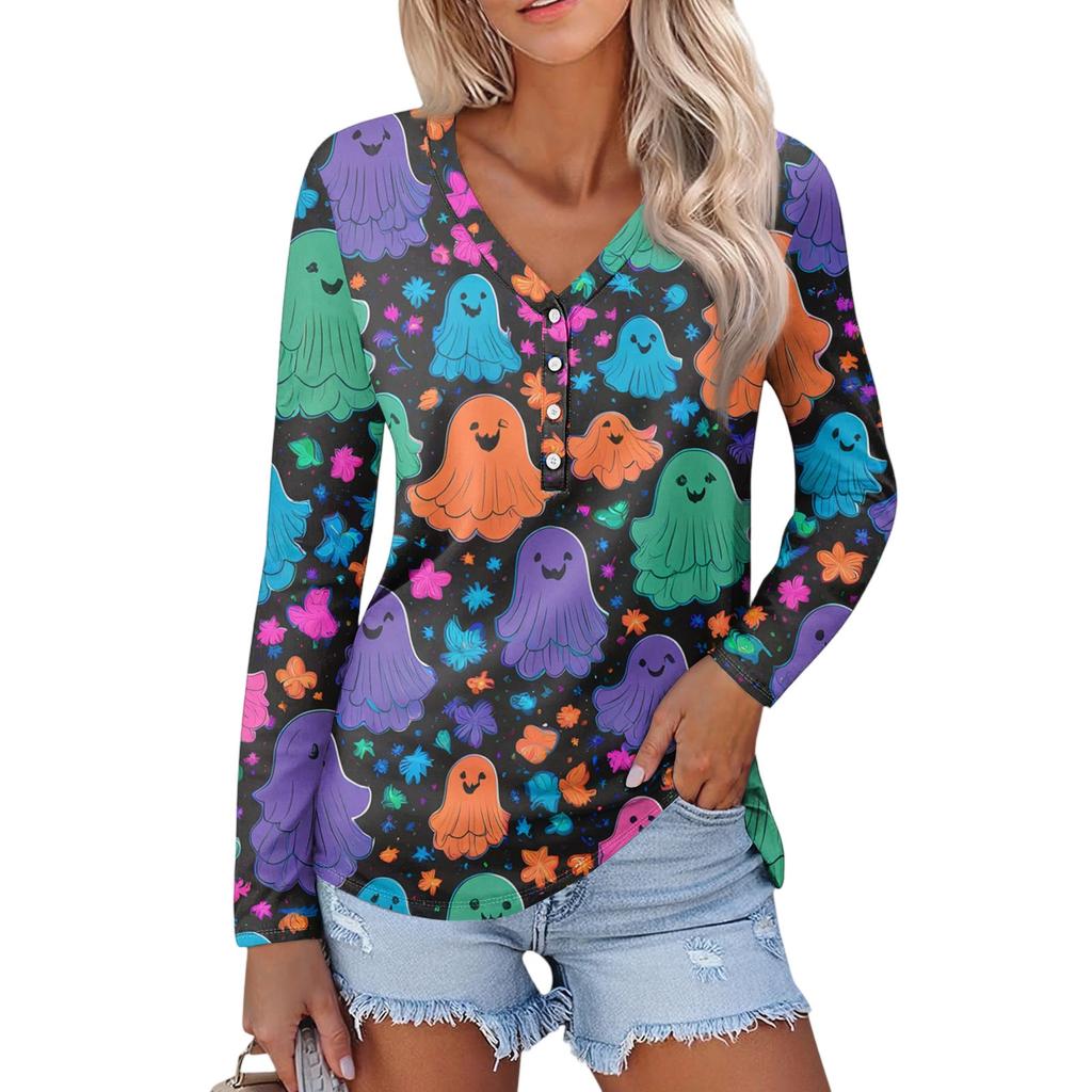 Женская повседневная мода, сексуальный комфорт, Хэллоуин с принтом и v-образным вырезом, пуговицы, длинный рукав