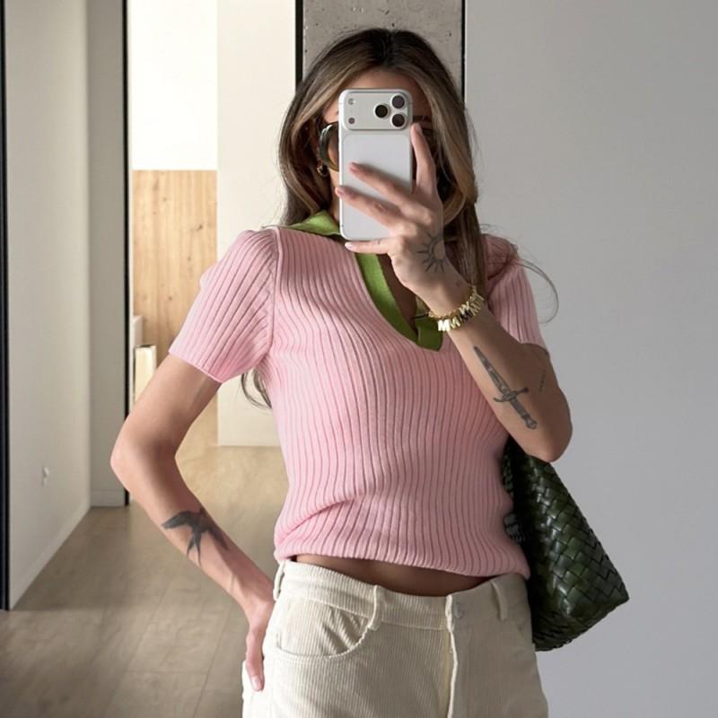 2026 Contrast Color Polo Neck Slim Fit Knit T Shirt Women