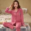 High Quality Large Size Women Cotton Pajamas Button Down Tops and Trousers Set Sleepwear Homewear Printing Nightwear Loungewear