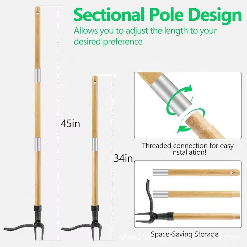Прополка, Инструмент для удаления сорняков стоя с длинной ручкой , Конструкция стальной головки с 4 зубьями Легко удаляет сорняки без наклонов, выдергивания или колен.