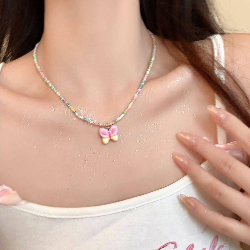 Hyunya Wind Color Beaded Butterfly Necklace Female Summer Sweet Temperament Collarbone Chain Spice Girl Neck Chain