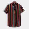 Mens Summer Fashion Stand Collar Strip Print Short Sleeve Shirt Top