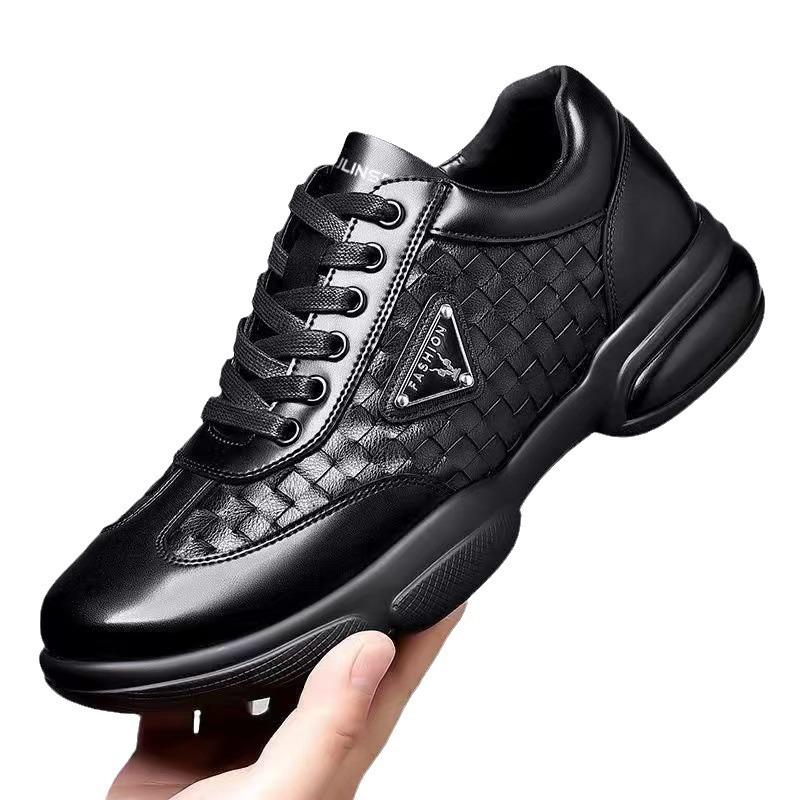 Летние туфли с круглым носком, кожаный верх, шнуровка, повседневные, мужские, корейский стиль, черные, деловые, дышащие, мягкая подошва