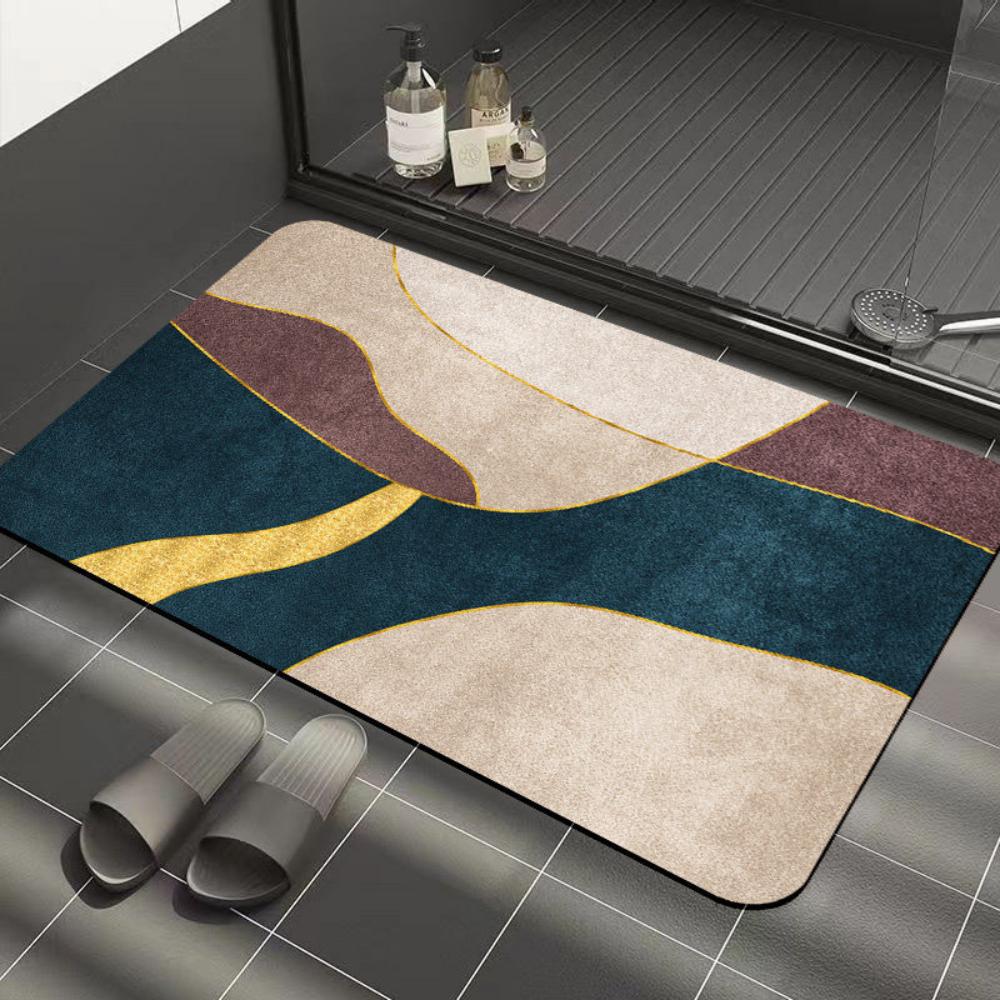 Gold Line Split Triangle Geometric Print Bath Mat Multi Earth Tone Non Slip Quick Dry Absorbent Rug for Bathroom Shower Entrance