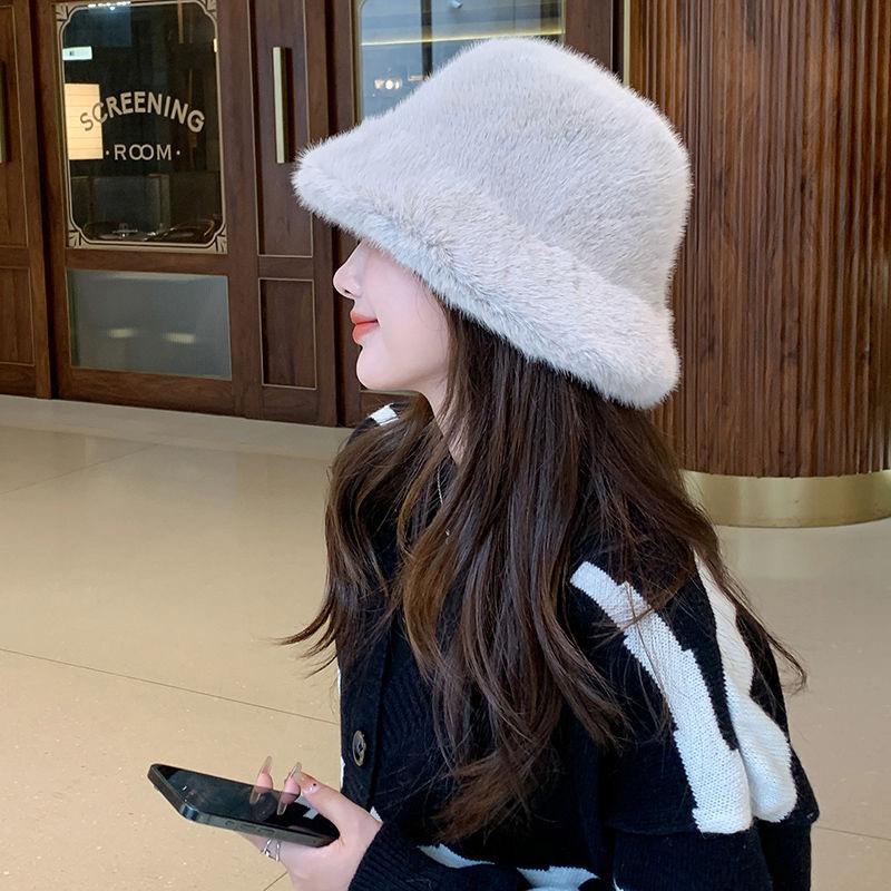 Fashion Plush Fisherman Hat Women's Models Winter Versatile Warm Big Head Circumference Show Face Small Pot Hat