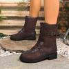 Women's Wide Width Mid-Calf Boots, Front Lace Up Roman Style Leather Boots, European Retro Casual Ankle Booties