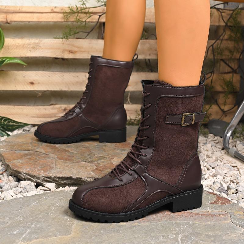 Women's Wide Width Mid-Calf Boots, Front Lace Up Roman Style Leather Boots, European Retro Casual Ankle Booties
