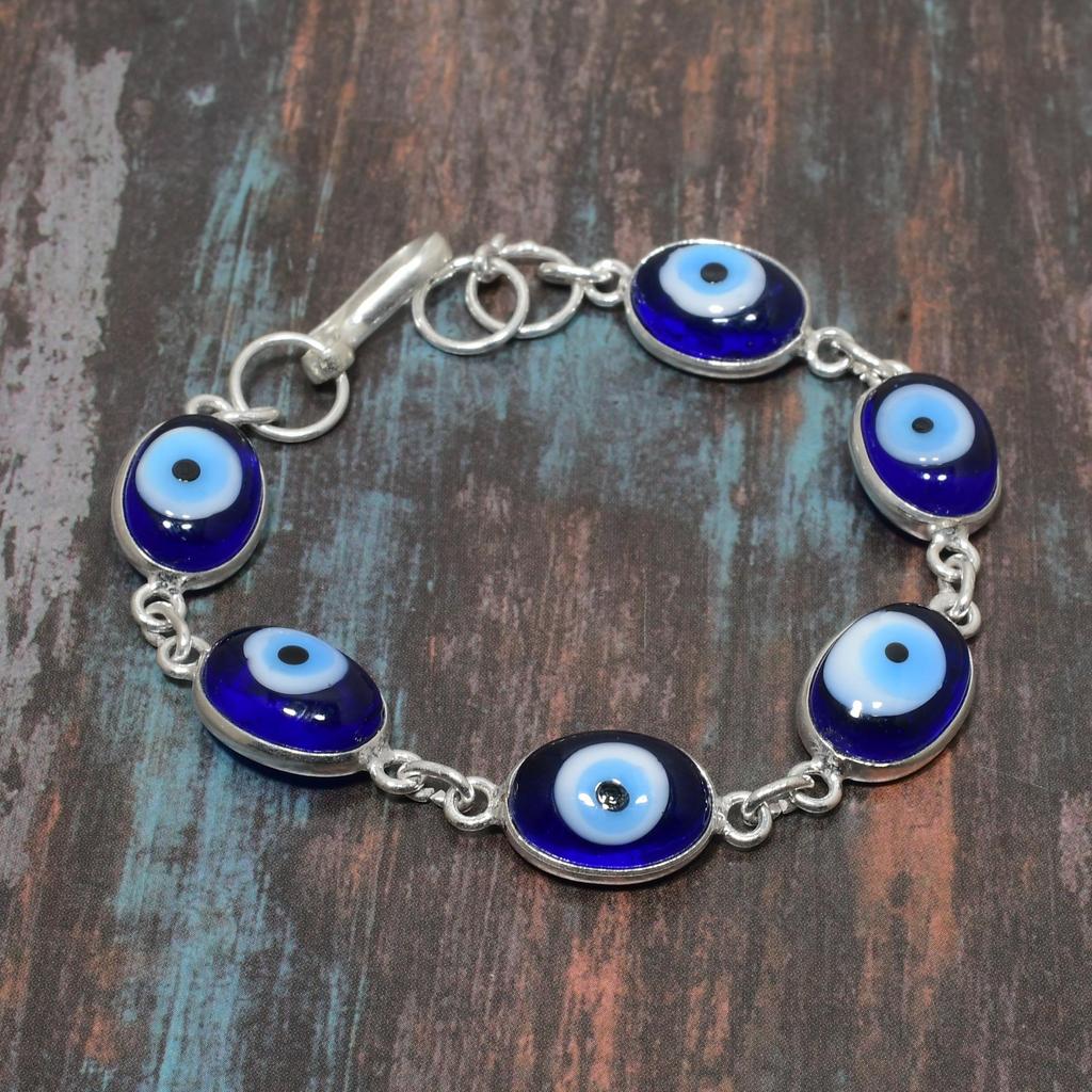 Синий сглаза драгоценный камень стерлингового серебра 925 пробы замечательный ювелирный браслет ручной работы