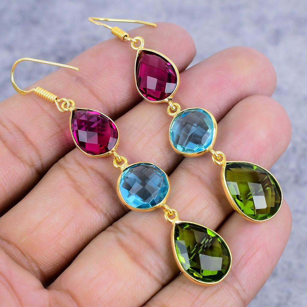 Peridot, Blue Topaz Gemstone 925 Sterling Silver Jewelry Earring 2.88" M-2651