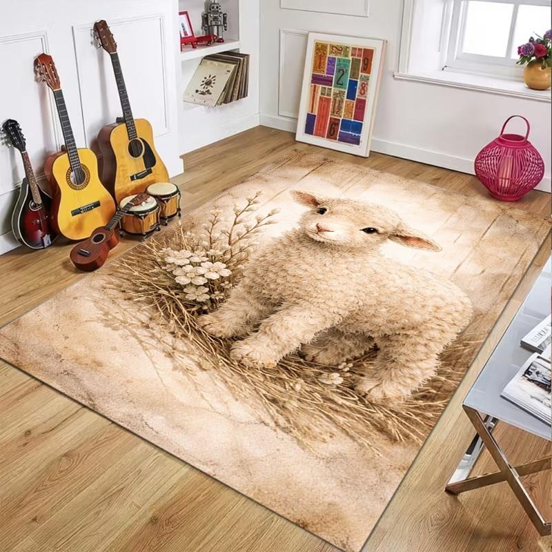 Adorable Lamb Pattern Carpet Mat Rug Cozy Home Decoration Cute Sheep Design Living Room Bedroom Nursery Soft Fluffy Area Rug