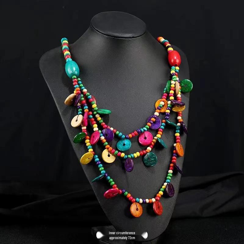 Богемное Ретро Красочное Этническое Ожерелье из Бисера с Ручной Работы Галькой и Рисовым Бисером для Женщин