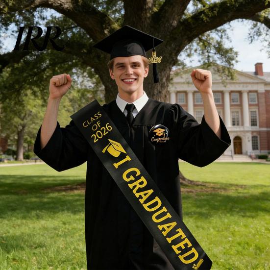 Graduation Shoulder Straps Class of 2026 Cap Sash Badge Set I Graduated Satin Stole Metal Medals with Matte Black And for Grad Party Supply