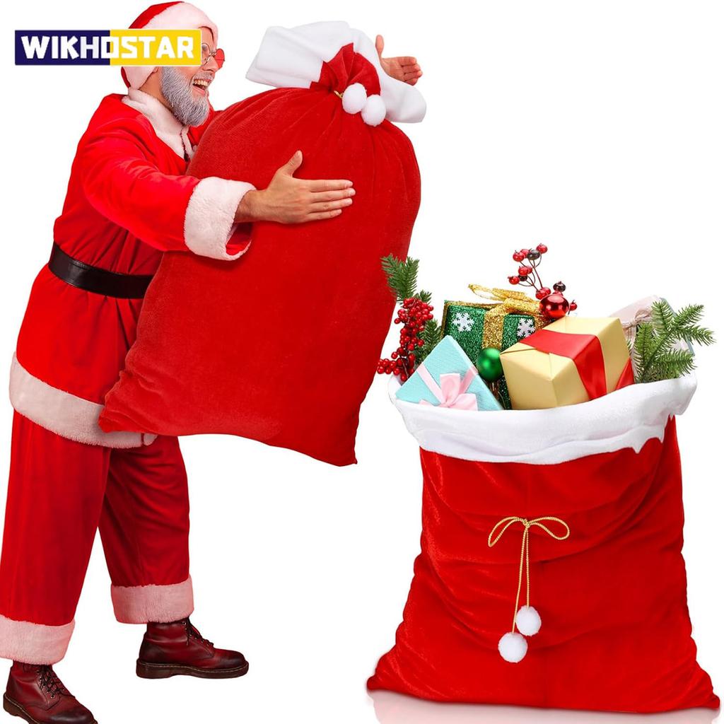 Большой красный бархатный рождественский мешок с белым помпоном, пушистый подарочный мешочек для хранения подарков, подходящий праздничный органайзер