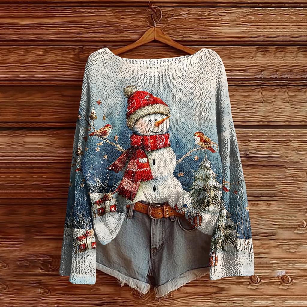 Women's Christmas Print Lightweight Sweater Casual Long Sleeve Knitted Pullover