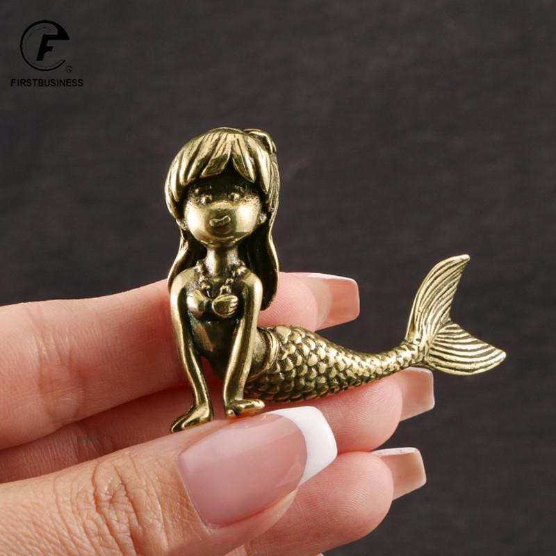 Retro Brass Beautiful Mermaid Princess Figurines Miniatures Desktop Ornament Home Decorations Crafts Accessories Children Gifts