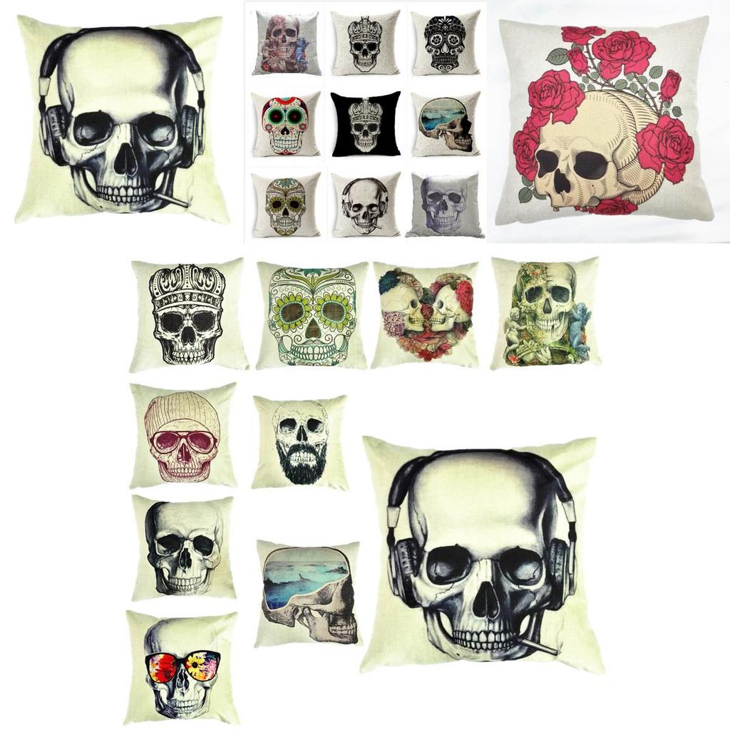 Skeleton Head Throw Pillow Cover With Linen Fabric For Home Decor And Living Room